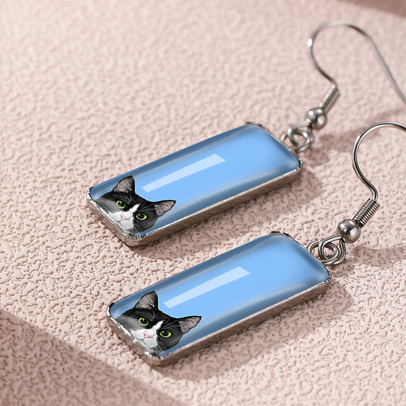 Cute Probe Cat Illustration Rectangular Hook Earrings